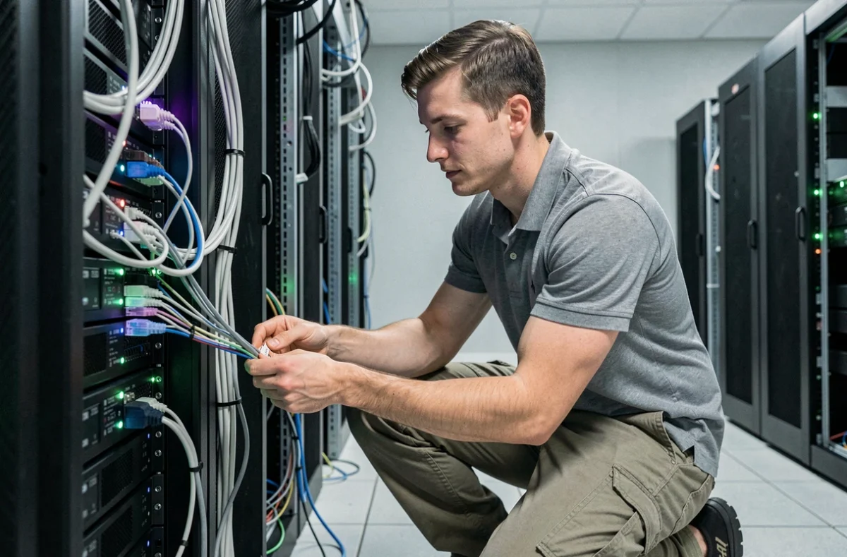 Technicien informatique municipal connectant des câbles à fibre optique dans la salle serveurs d'une collectivité locale