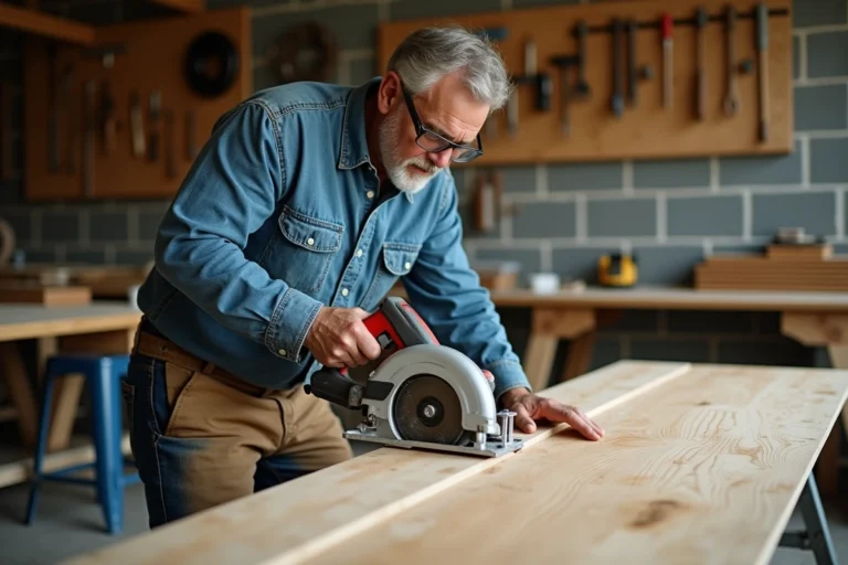 Bricoleur utilisant une scie plongeante sur rail pour couper une planche de contreplaqué dans un atelier maison